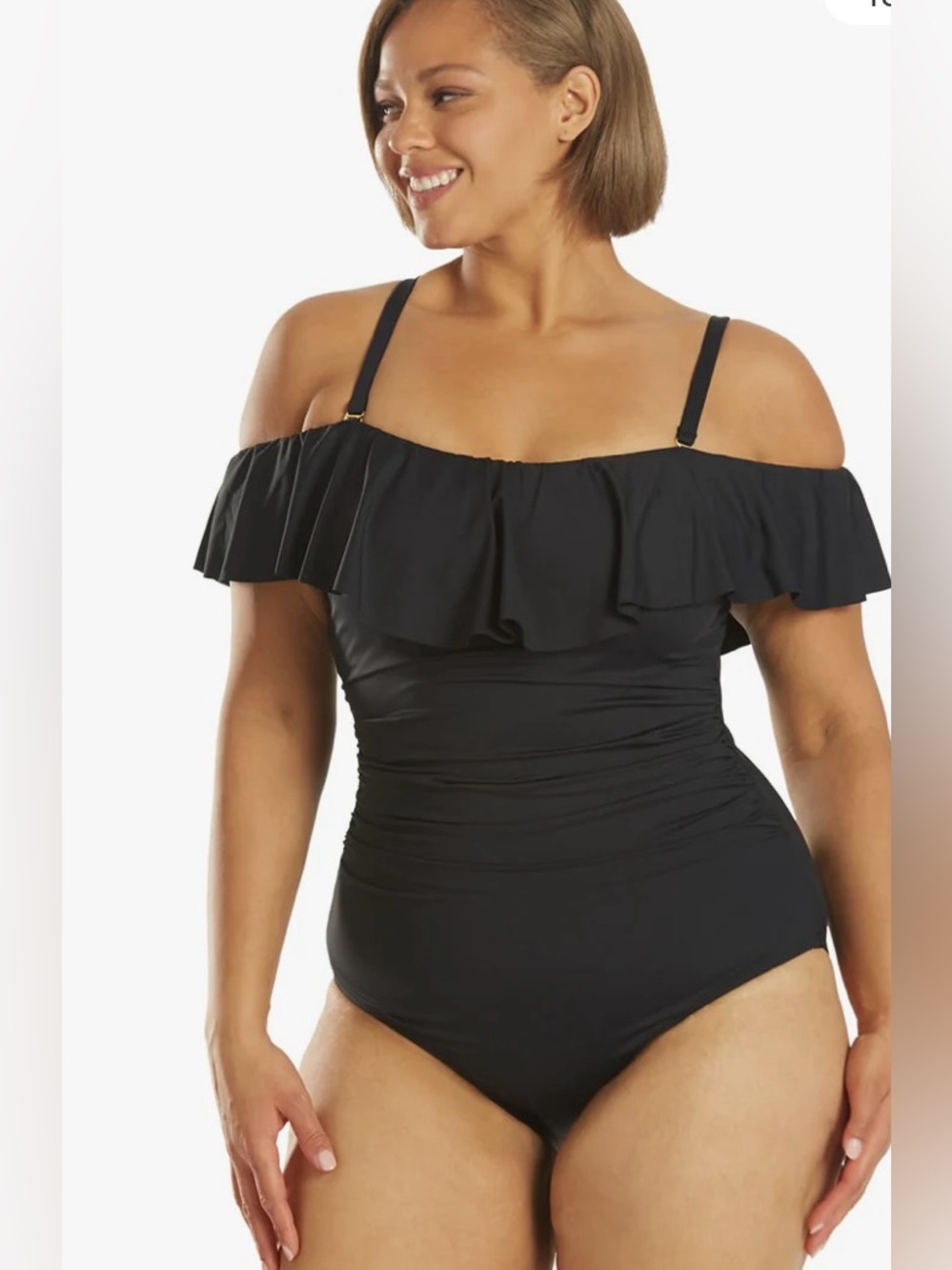 La Blanca Black Off-Shoulder Ruffle-Trim swimsuit with Straps🏝️🖤